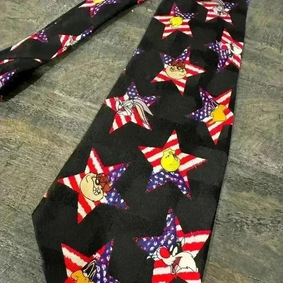 Looney Tunes Patriotic Tie 1995 Stars & Stripes Taz, Tweety, Bugs Bunny Silk - Picture 2 of 4